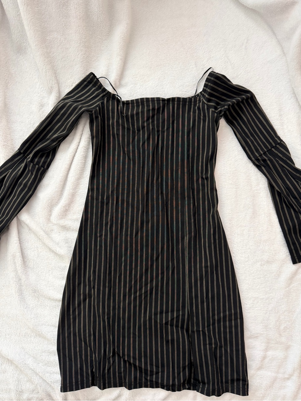 Olivaceous Black Pinstripe Off-Shoulder Long Sleeve Dress